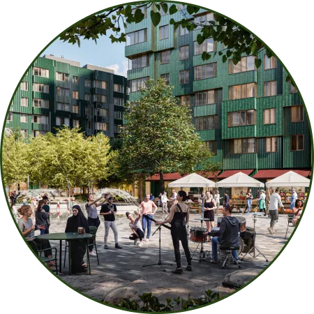 Water Plaza featuring a central fountain and open public space